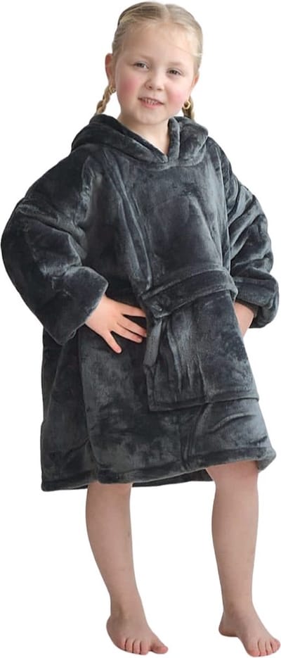 Hoodie deken kind - Fleece kinder poncho - plaid met mouwen en capuchon voor kinderen - oversized hoodie kind - hoodie plaid voor kinderen - fleece deken met mouwen – hoodie blanket - TV deken – zacht & warm - maat 116 t/m 134 - grijs