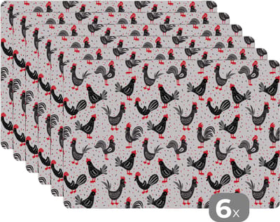 Placemat - Placemats kunststof - Patroon - Kip - Vogel - 45x30 cm - 6 stuks - Hittebestendig - Anti-Slip - Onderlegger - Afneembaar