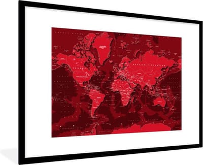 Poster in lijst - Fotolijst 120x80 cm - Posters - Wereldkaart - Stoer - Rood - Posterlijst zwart - Decoratie - Wanddecoratie woonkamer - Muurdecoratie slaapkamer