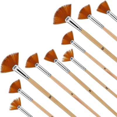 Set van 10 Fan Brushes voor Acrylverf en Waterverf, Lange Houten Handgreep, Nylon Haren, 5 Verschillende Maten voor Diverse Kunstprojecten en Schildertechnieken