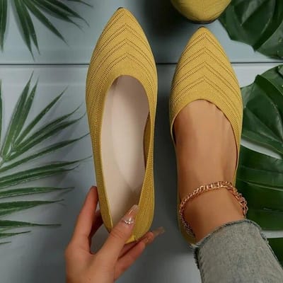 Dames platte schoenen met puntige neus, effen kleur, gebreide instappers, casual ademende ballerina's, dames platte schoenen, loafers 38 geel