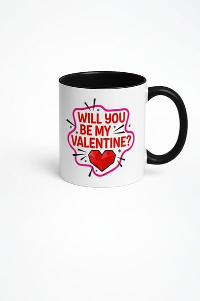 Valentijn Mok 'Will You Be My Valentine?' met Rood Hart en Zwart Handvat - Romantisch Cadeau