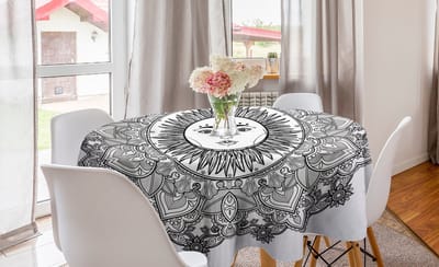 ABAKUHAUS zwart-wit rond tafelkleed, boho-bloemen, cirkelvormige tafelkleedbekleding voor keukendecoratie in de eetkamer, 150 cm, wit en zwart