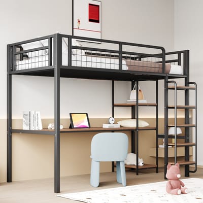DESMIU Metalen Hoogslaper 90x200 cm - Hoogslaper Met Veilige Trap En Bureau - Opbergruimte Met Planken - Voor Kinderkamer En Werkplek - Metaal - Zwart - Zonder Matras