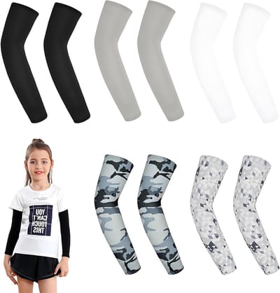Arm sleeves voor kinderen - 5 paar compressiekappen van 36 cm in camouflagedesign en effen kleuren voor UV-bescherming tijdens buitensportactiviteiten