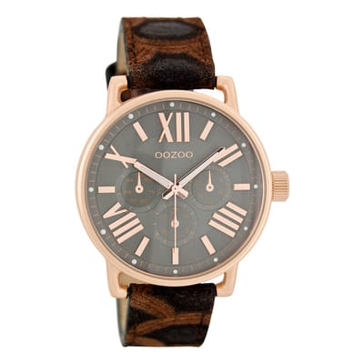OOZOO Timepieces - Rosé goudkleurige horloge met bruine leren band - C7189