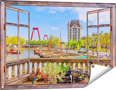 Gards Tuinposter Doorkijk Kleurrijke Oude Haven in Rotterdam - 90x60 cm - Tuindoek - Tuindecoratie - Wanddecoratie buiten - Tuinschilderij