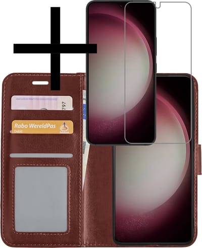 Hoesje - Met Screenprotector - Geschikt voor Samsung Galaxy S23 - Luxe Pasjeshouder - Bookcase Portemonee - Flip Case - Kunstleer Book Case - Flipcase - Book Cover - Walletcase - Portemonneehoes - Bruin