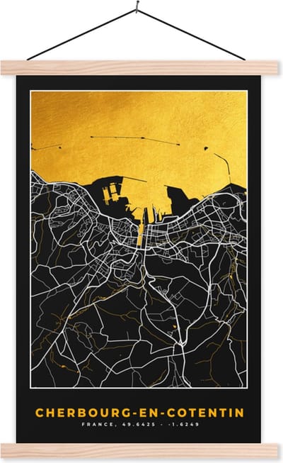 Posterhanger incl. Poster 40x60 cm - Schoolplaat - Kaart – Stadskaart – Cherbourg-en-Cotentin - Plattegrond – Frankrijk - Textielposter - Blanke latten - Stadskaart