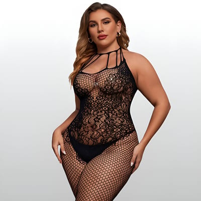 Plus Size Bodystocking met Open Kruis - Zwart - Visnet - One Size L-XXL (40-44) | LS023