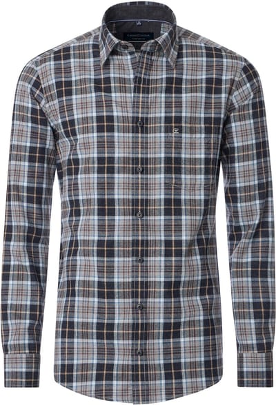 CASA MODA Sport comfort fit overhemd - flanel - antraciet - blauw en beige geruit - Strijkvriendelijk - Boordmaat: 45 - 46