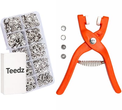 Teedz Drukknopen Tang Set 9,5 mm – Oogjestang - knopen - Inclusief 50 Metalen Drukknopen – Met leerponstang - Handtang voor Veersluitingen – Voor Kleding - Babyrompers en Hobbyprojecten