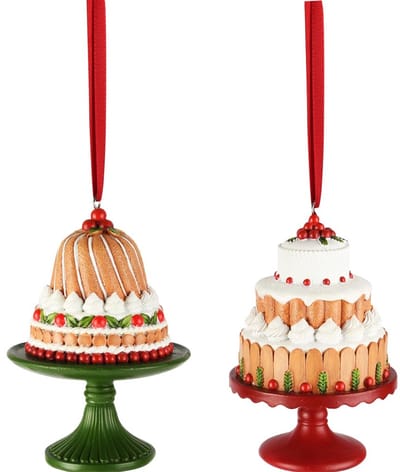Dekoratief | Hanger taartje op dienblad, groen/rood, resina, 8x8x12cm, set van 2 stuks | A255820