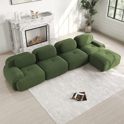 L-Bank, 4-Zitsbank, 4-zits Hoekbank met 32D zeer Elastische Vulling, Frameloze Bank, Antislip, met Chaise Longue, Extra Brede Armleuningen, Vrij Combineerbaar, Geen Montage Nodig voor Kantoor, Woonkamer en Thuisbioscoop,Groente