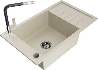 Mexen Elias granieten gootsteen 1-komper met afdruiprek en keukenmengkraan Flora, beige - 6511-69-670401-07