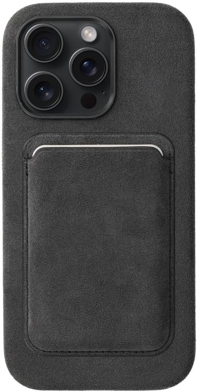 Rosso Avanti Hoesje Geschikt voor Apple iPhone 16 Pro met Magnetische Kaarthouder | Compatibel met MagSafe / Qi2 | Echt Italiaans Alcantara | Back Cover en Wallet | Grijs
