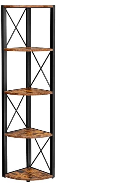 Hoekplank met 5 verdiepingen, multifunctionele boekenplank, plantenstandaard voor woonkamer, badkamer, keuken, slaapkamer, kantoor, eenvoudig te monteren, industrieel, rustiek bruin en zwart