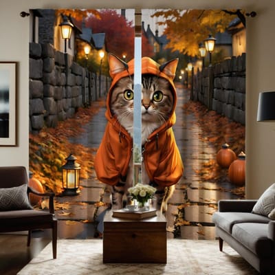 2 pièces HD Thanksgiving Alley feuille d'érable citrouille chat rideau Jaune cravate rideau imprimé numérique Style décoration maison Décorer W52H63inchW132H160cm brown