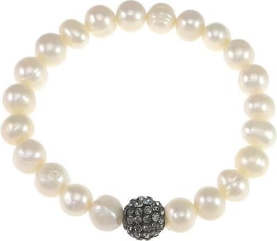 Zoetwaterparel armband Alexia - echte parels - wit - zwart - stras steen - glitter - elastisch - luxe sieraden zakje - parel armband dames