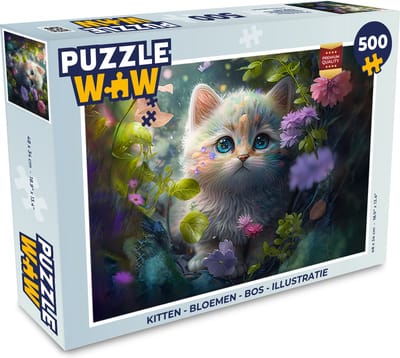 Puzzel Kitten - Bloemen - Bos - Illustratie - Poes - Legpuzzel - Puzzel 500 stukjes