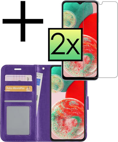 Hoesje - Met 2x Screenprotector - Geschikt voor Samsung Galaxy A23 - Luxe Pasjeshouder - Bookcase Portemonee - Flip Case - Kunstleer Book Case - Flipcase Hoes - Book Cover - Walletcase - Portemonneehoes - Paars