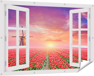 Gards Tuinposter Doorkijk Rode Rozen Bloemenveld met een Windmolen - 150x100 cm - Tuindoek - Tuindecoratie - Wanddecoratie buiten - Tuinschilderij
