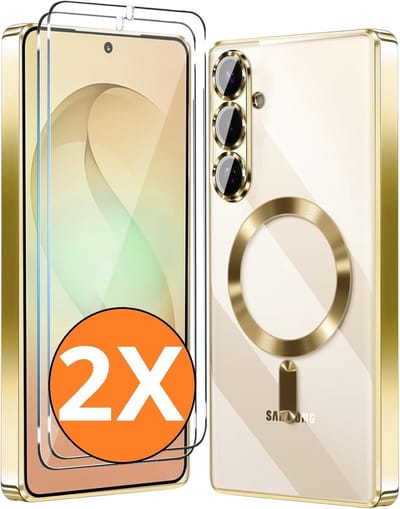 Hoesje Magsafe Geschikt voor Samsung Galaxy S26 hoesje backcover Goud – Lens beschermer – Transparant hoesje met Samsung S26 screenprotector - 2 stuks