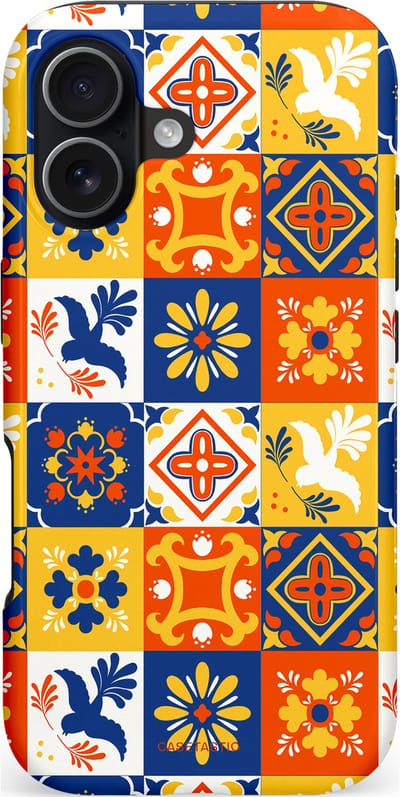 Casetastic hoesje geschikt voor Apple iPhone 17 - MagSafe - Dubbellaagse bescherming - Mediterraanse Tegels - Fashion Case - Oranje Donkerblauw Geel Crème