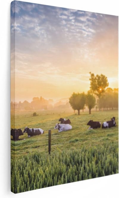 Artaza Canvas Schilderij Landschap - 30x40 cm - Klein - Wanddecoratie Koeien - Muurdecoratie Zonsondergang - Kamer Accessoires Natuur