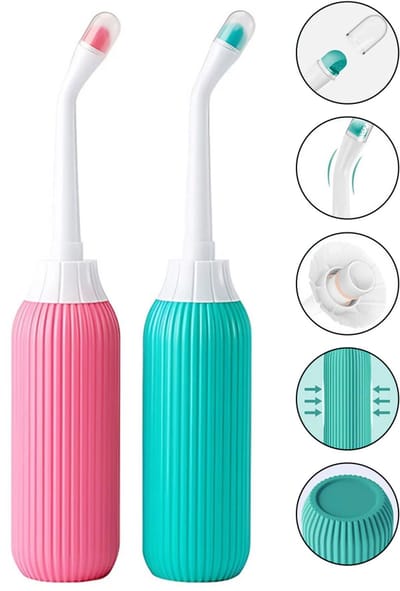 2 draagbare bidetreinigers - 500 ml - 2 sproeiers - Inclusief opbergtas - Waterdichte toiletkop - Reisslabbetjesreiniger - Babybillenreiniger - Persoonlijke hygiënereiniger - Draagbare bidetreiniger - Roze + Groen