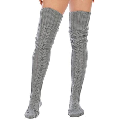 Dames Kabelgebreide Dijhoge Laarskousen Extra Lang Winterkousen Boven de Knie Warm Zacht Comfortabel grijze kleur