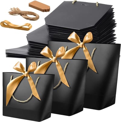 Geschenkzakjes met handvatten - Feestzakjes cadeautasjes - Cadeaus verpakken - Inclusief linten en labels - 3 maten - Zwart
