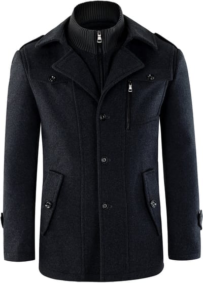 ALLTHEMEN Heren Wollen jas met opstaande kraag - Slim Fit Winter Warm Jasje - 3XL