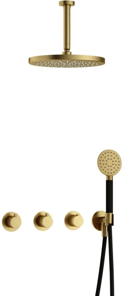Hotbath Cobber - CB7067 - Inbouw Regendoucheset - Geborsteld Messing PVD - 2 Stopkranen - Thermostatisch - Plafondbuis 15 cm - Hoofddouche 300 mm - Ronde Handdouche 3 Standen - met M106 - Waterbesparend - V01