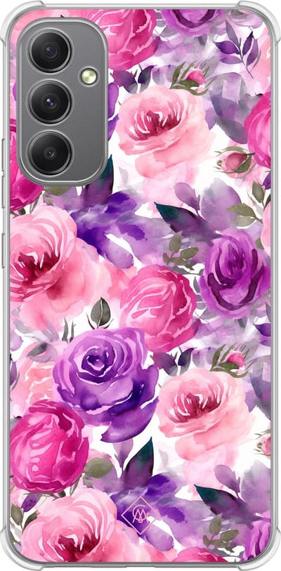 Casimoda® hoesje - Geschikt voor Samsung Galaxy A34 - Rosy Blooms - Shockproof case - Extra sterk - TPU/polycarbonaat - Paars, Transparant