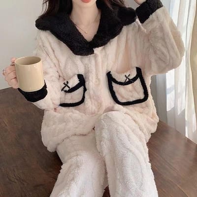 Franse Stijl Koraalfluweel Pyjama Dames Herfst en Winter Vest Lange Mouwen Lange Mouwen Flanellen Tweedeelig Pyjamapak XXL gray