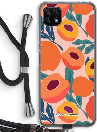 Case Company® - Hoesje met koord geschikt voor Samsung Galaxy A22 5G hoesje met Koord - Perzik - Telefoonhoesje met Zwart Koord - Bescherming aan alle Kanten en Over de Schermrand