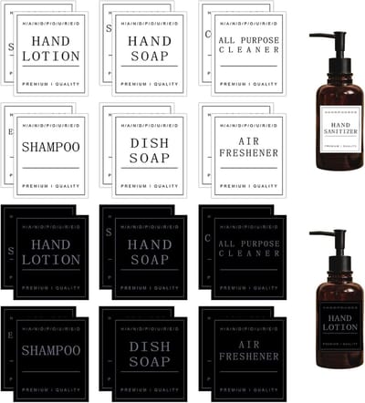 Waterdichte Labels Dispenser Stickers - Stijlvolle Organisatie - Sterke Hechting - Herbruikbaar & Vlekbestendig - Voor Badkamer & Keuken - Flessenetiketten Shampoo Conditioner Zeep Labels Set 24 Stuks