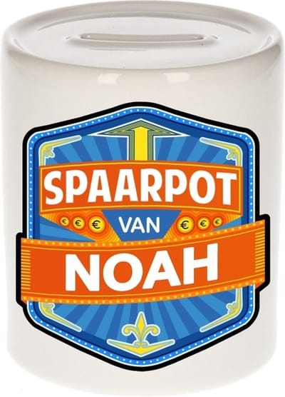 Bellatio Decorations Kinder spaarpot met naam - Noah - keramiek - met dop - wit - Sparen - Spaargeld van Noah