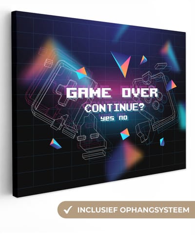 Canvas schilderij 40x30 cm - Wanddecoratie Gaming - Arcade - Game Over - Zwart - Blauw - Gamen - Muurdecoratie game room - Gaming kamer decoratie - Gameroom accessoires - Schilderijen - Game Kamer