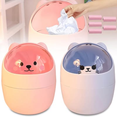 Leuke mini tafelvuilnisemmer set - Compacte prullenbak voor badkamer en kantoor - 12,5 x 16 cm (Roze + Blauw)