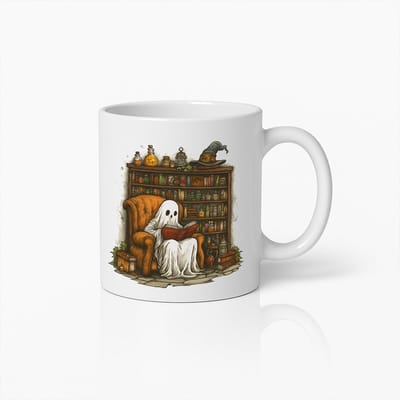 Sfeervolle Mok met Geest die Leest - Gezellige Bibliotheek Scene - Uniek Cadeau voor Boekenliefhebbers en Halloween Fans