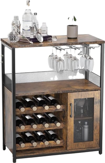 Industrieel Dressoir - Voor Woonkamer & Eetkamer - Buffetkast met Wijnrek - Metaal & Gaasdeur - keukenkast - Bruin
