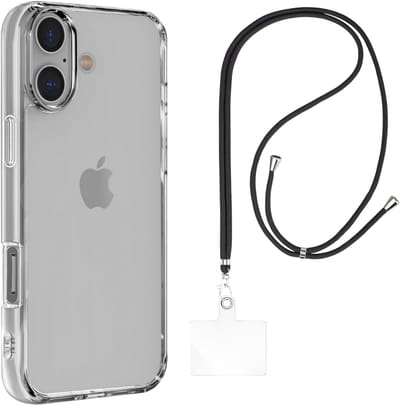 Set met hoesje en nekband voor iphone 16 - Flexibele, transparante TPU-bescherming, verstelbare universele nekband voor mobiele telefoons, zwarte nekband, transparante draagriem van Phonillico®