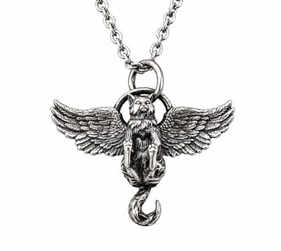Donkerzilverkleurige ketting met gevleugelde griffioen – ketting voor heren – fantasiehanger in mythische stijl