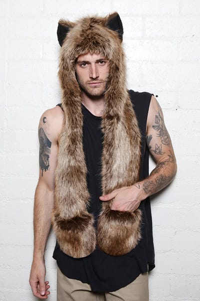 KIMU® Hood Bruine Wolf Muts - Sjaal Wanten Oortjes Bruin Bontmuts Spirit Festival