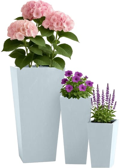 CLP Set van 3 vierkante bloempotten - voor binnen en buiten - weerbestendig vorstbestendig - steenlook - plantenbakken - fiberclay - grijs