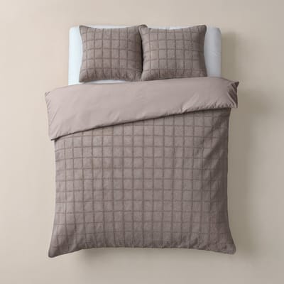 Sleeptime Furry Check Dekbedovertrek - Lits-Jumeaux - 240X200/260 + 2 x kussenslopen 60x70 - Taupe