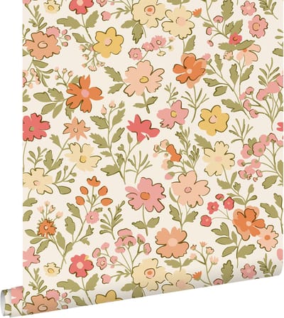 ESTAhome behang bloemetjes roze, groen, geel en oranje - 50 x 900 cm - 131326