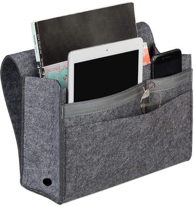 Famanu - Bed organizer, 6 vakken, klittenband, vilten bedside pocket HBD 27x31,5x11,5 cm, bank opbergtas, donkergrijs